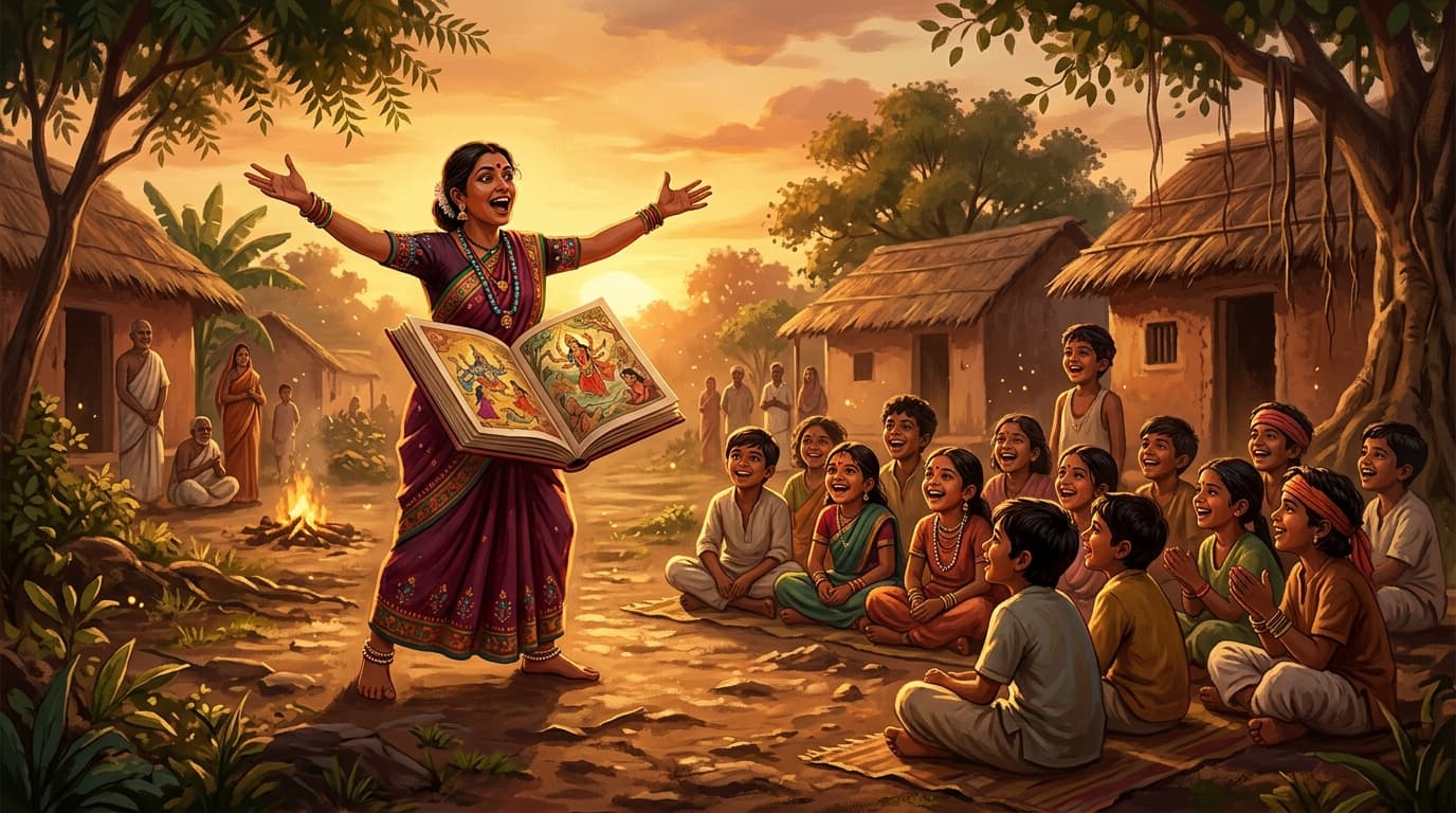 Tribal children listening to dramatic storytelling with a big book